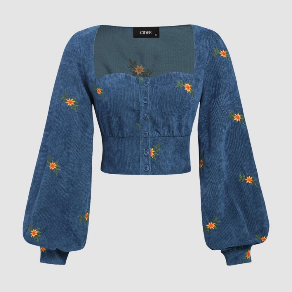 NWT Cider corduroy long sleeve embroidered cropped top